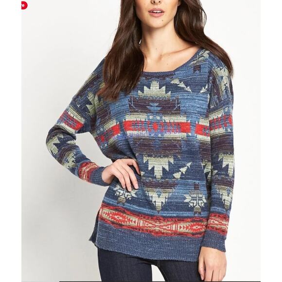RALPH LAUREN Denim & Supply Southwest Aztec Cotton Sweater Medium Blue - Picture 1 of 8